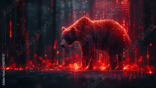 A bear is standing in a forest with red and blue lights surrounding it