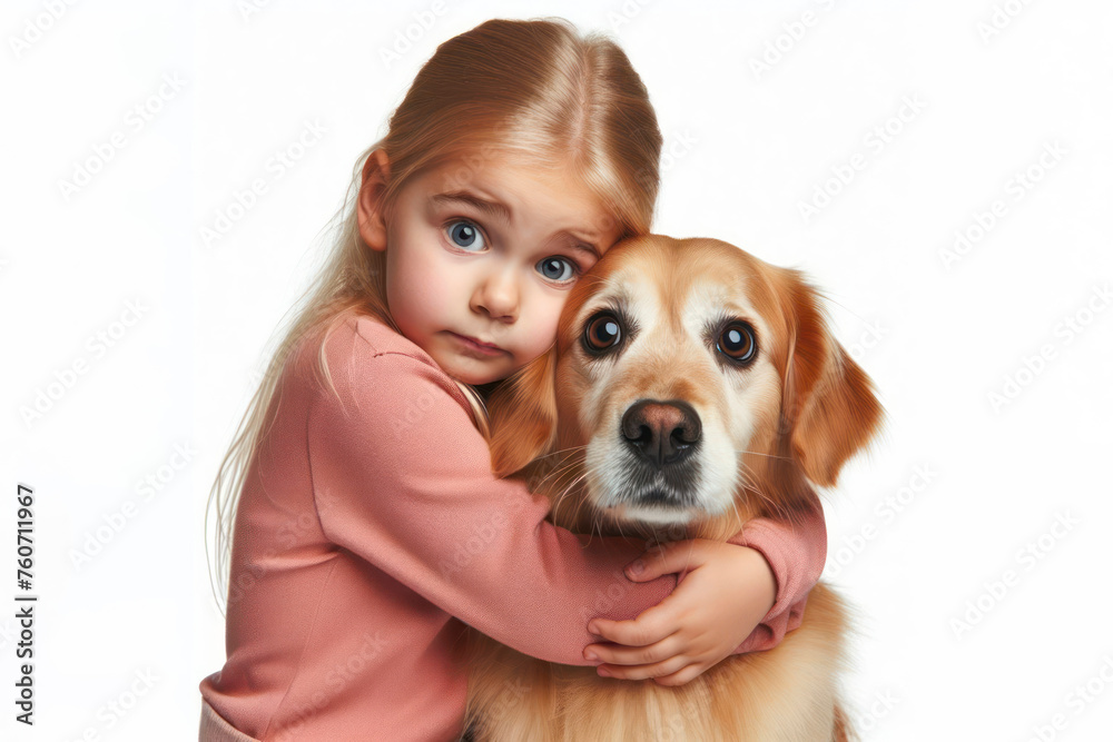 The kid girl hugs her dog tightly, who looks at her with a surprised expression on his face. ai generative The kid girl hugs her dog tightly, who looks at her with a surprised expression on his face. ai generative