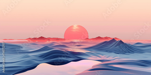 Mountain minimalistic landscape concept background design. Mountains and golden sun or moon horizontal banner. Digital artwork raster bitmap. AI artwork.