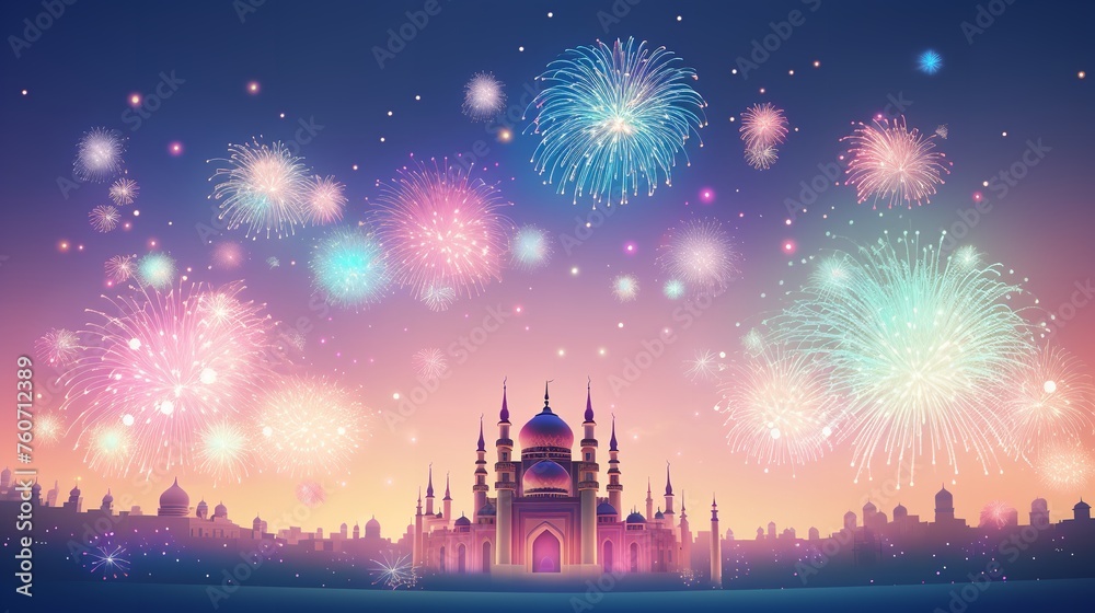 Illustration Cute Fireworks Ramadan Kareem Background