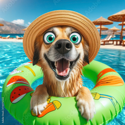 A funny dog with bulging eyes and a smile swims in an inflatable ring on vacation. ai generative © Igor