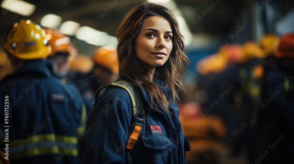 Woman in Firemans Uniform Standing in Front of Group Woman in Firemans Uniform Standing in Front of Group