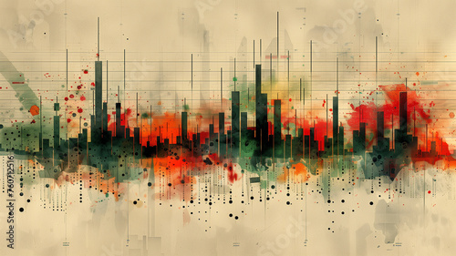 A city skyline with a lot of buildings and a lot of red splatters