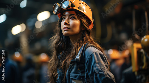 Woman Wearing Hard Hat and Goggles photo