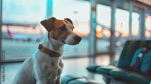 Dog traveler in carrier bag in airport. Background concept