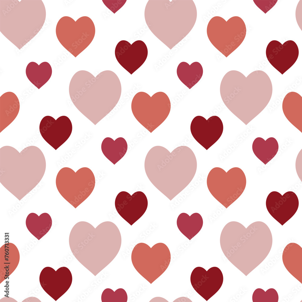 Seamless pattern with pink and red hearts on white background. Vector image.