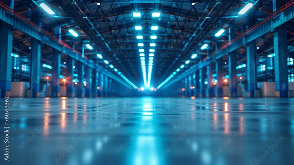 Vacant platform under cool blue lights in a large hall Vacant platform under cool blue lights in a large hall