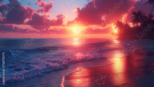 A beautiful sunset over the ocean with a palm tree in the background © CtrlN