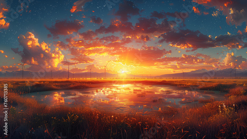 A beautiful sunset over a field with a pond in the foreground © CtrlN