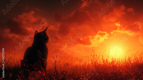A cat is sitting in a field of tall grass, looking up at the sun