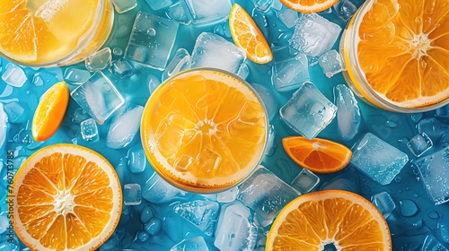 Orange slices and ice cubes with sparkling juice, fresh fruit lemonade with sparkling water and ice cubes, summer lemonade orange drink. Flat lay, top view, generative ai,  © curek