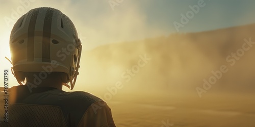 player wearing a helmet.  back view.  space for text or advertising.