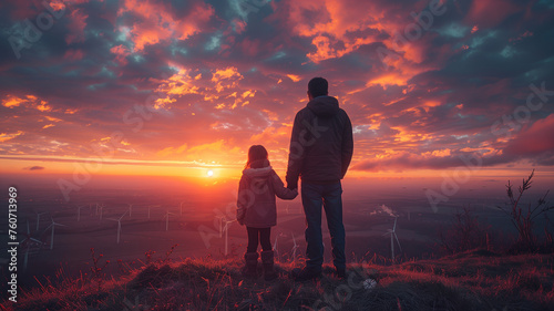 A man and a child are standing on a hill, looking at the sunset