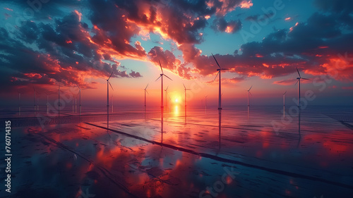 A beautiful sunset over a field of wind turbines