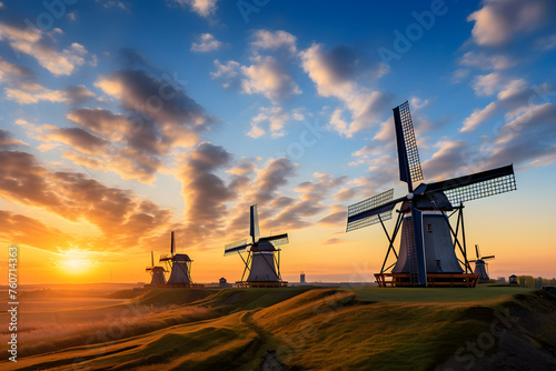Traditional Dutch Windmills Lining the Vast Green Fields at Majestic Sunset
