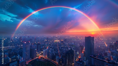 Equality rainbow shining over a unified cityscape