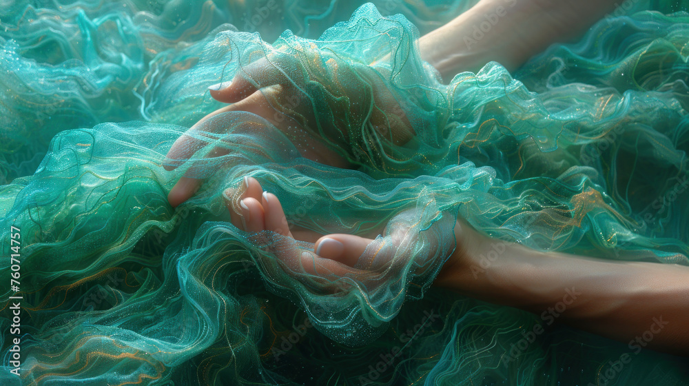 Womans Hands Wrapped in Green Yarn