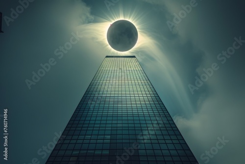 Solar Eclipse over Modern Skyscraper Facade
