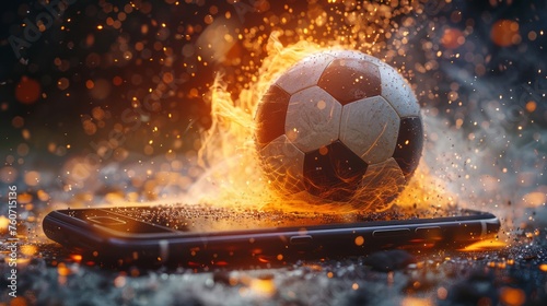Soccer ball bursting from a smartphone into a starry void