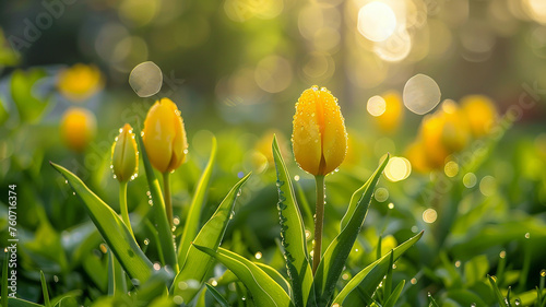 Collection of yellow tulips glistening with water droplets