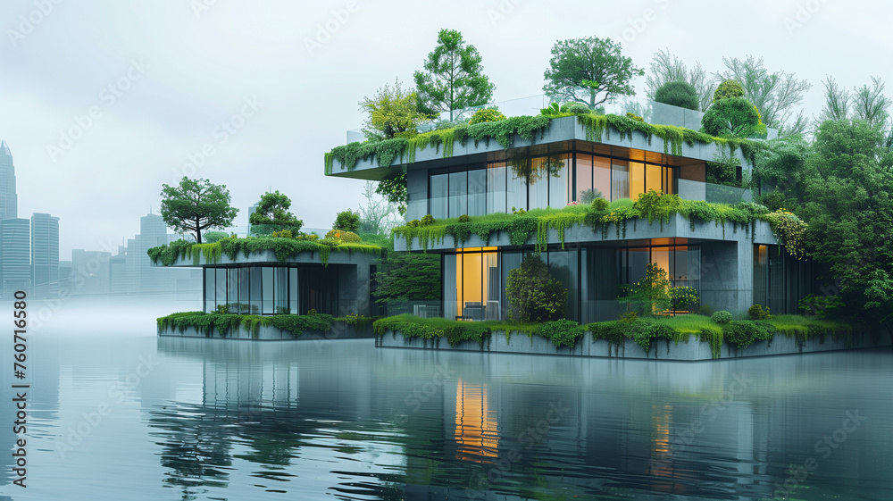 A house with a lot of greenery on it is floating on a lake