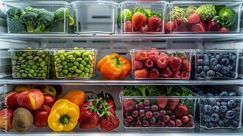 Organized fridge shelves with healthy food
