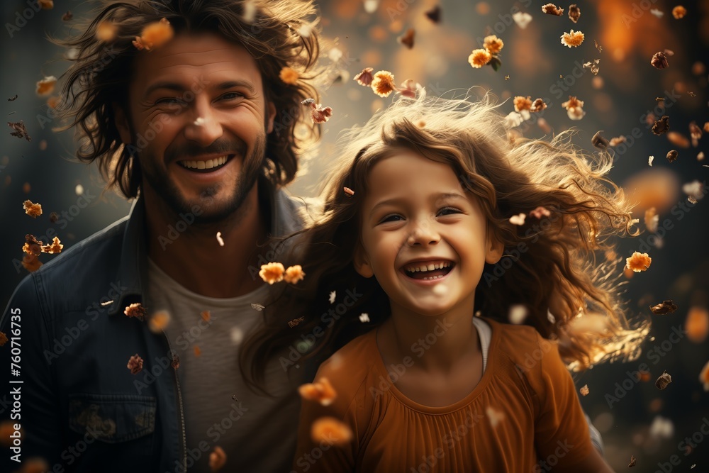Father and daughter surrounded by falling leaves
