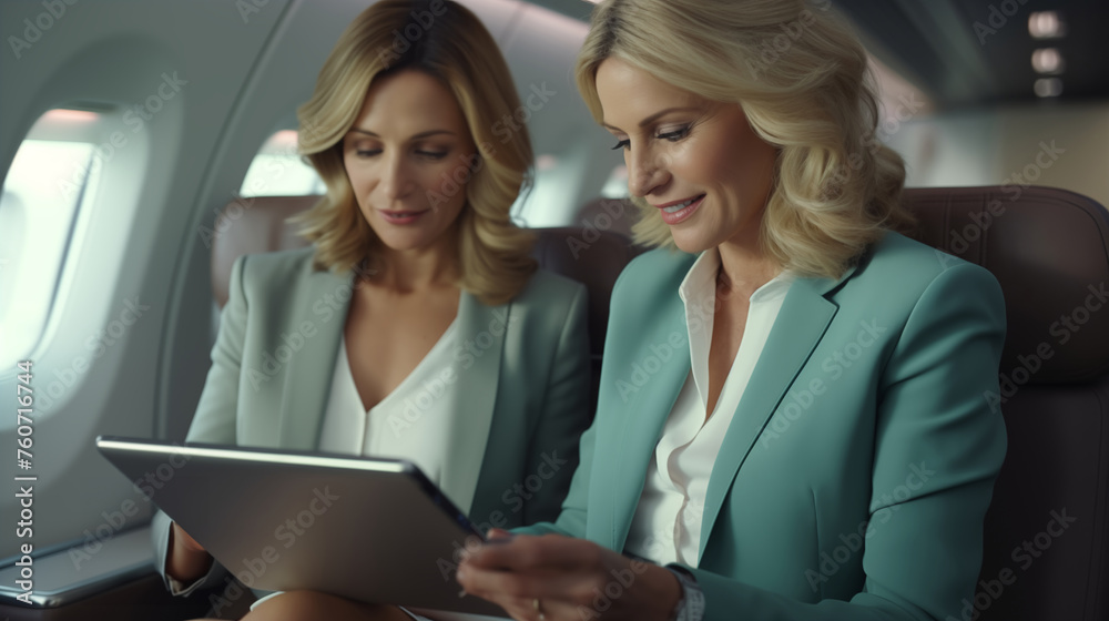 Obraz premium Business woman on a plane using an ipad/tablet. Business woman in suit with tablet on airplane
