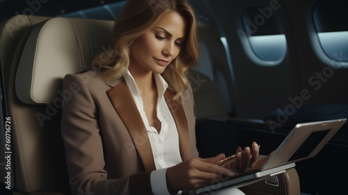 Business woman on a plane using an ipad/tablet. Business woman in suit with tablet on airplane © decorator