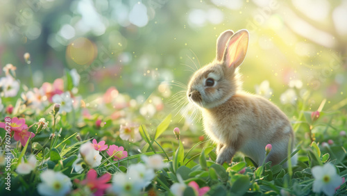 Young Rabbit Amongst Dewy Spring Flowers