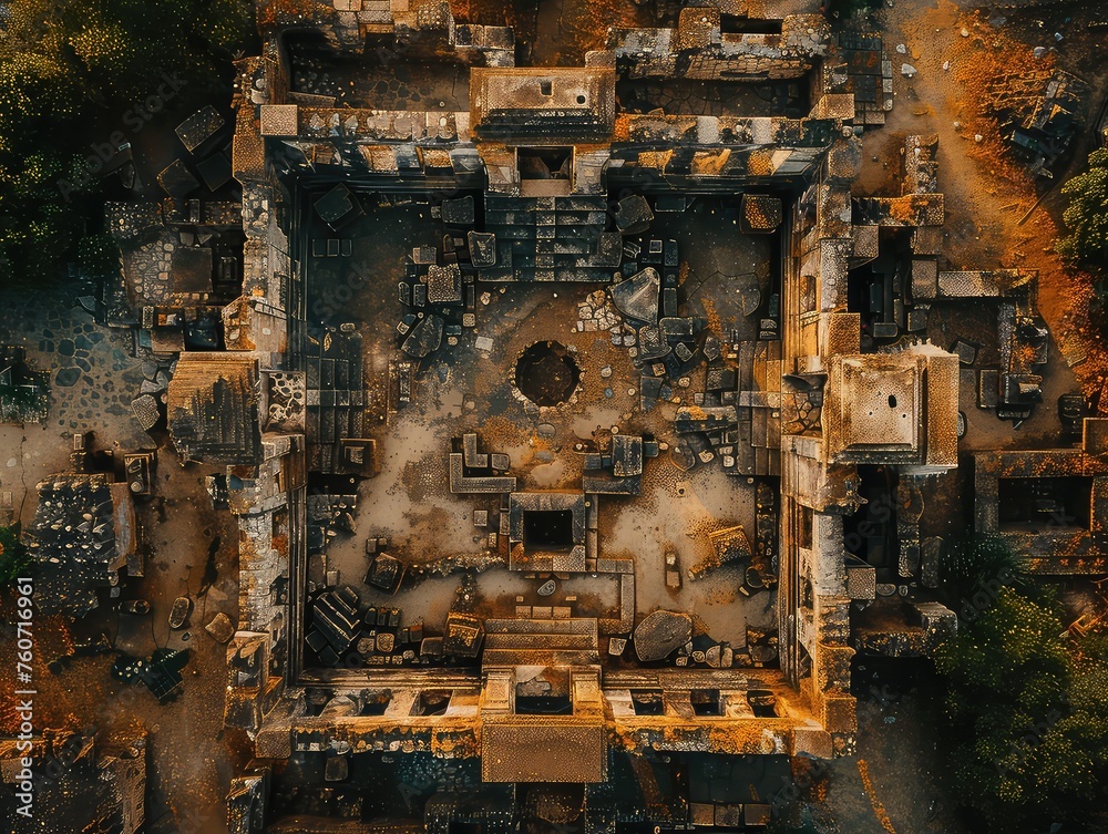 Aerial view of a Time-worn structures, archaeological marvels, storied past. 
