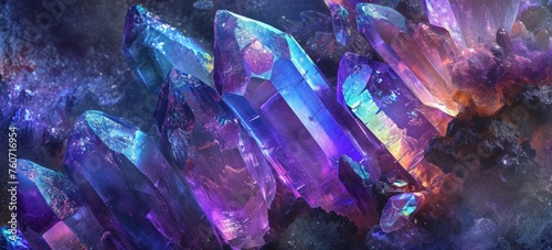 A close-up view of an assortment of brightly colored crystals of varying shapes and sizes