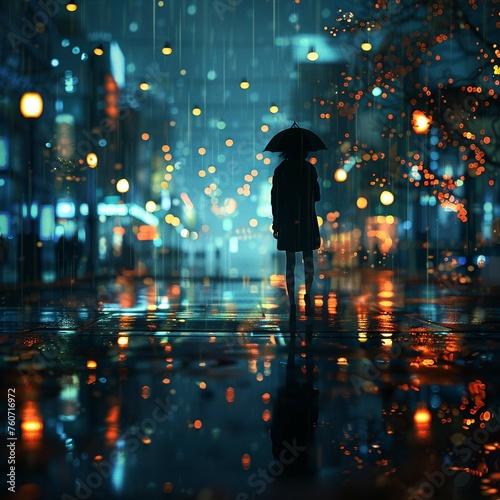 AI Companion, Holographic, Personal assistant, Urban setting, Rainy, 3D render, Spotlight, Depth of field bokeh effect