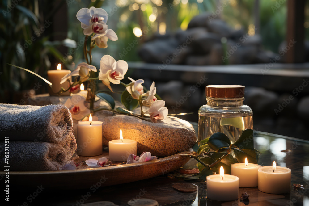 Fototapeta premium SPA still life with candles, stones, orchid and towel. Exclusive accessories for beauty treatments and spas displayed against the backdrop of a luxurious spa table in a sophisticated spa resort