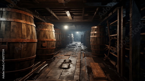 Wooden barrels in a barn. Rows of barrels in a dark barn. photo