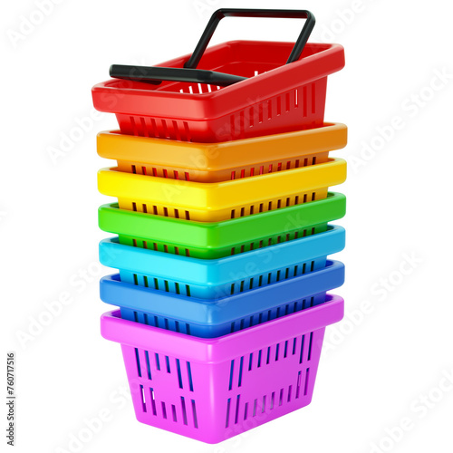 Stack of cute, multicolored plastic shopping or grocery baskets from supermarket, 3d render, isolated on white background