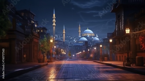 Night View of the Street with Mosque in Istanbul photo