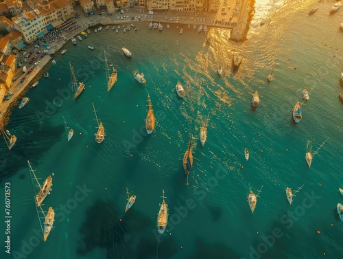Aerial view of a Busy ports, waterfront promenades, sailing boats gliding. 