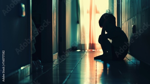 Sad child suffering from depression sitting alone in corridor feeling loneliness. Scared fearful small boy covering face in silhouette at home photo