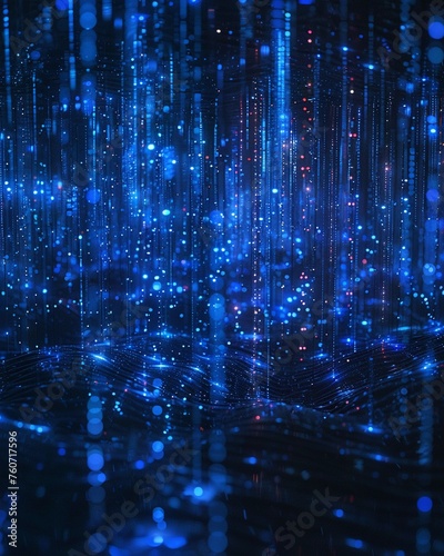 Data Visionary, Virtual Shroud, delving into the depths of knowledge unattainable by mortal minds A digital landscape with cascading streams of data and glowing binary code Realistic Backlights HDR