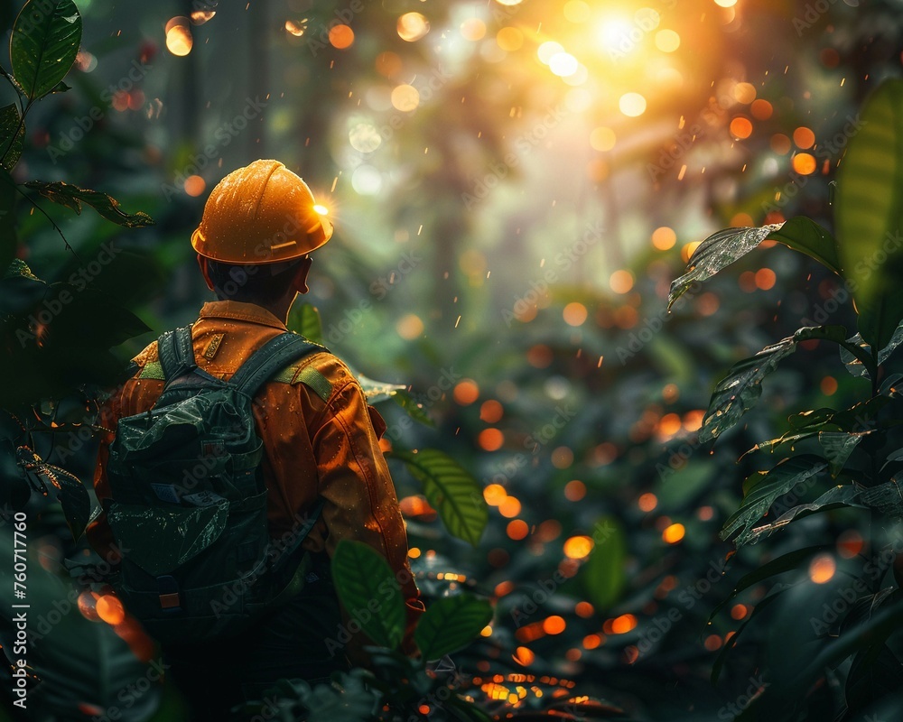 Eco-friendly miner, hard hat, checking equipment, in lush rainforest, surrounded by endangered wildlife Realistic, soft golden hour lighting, depth of field bokeh effect