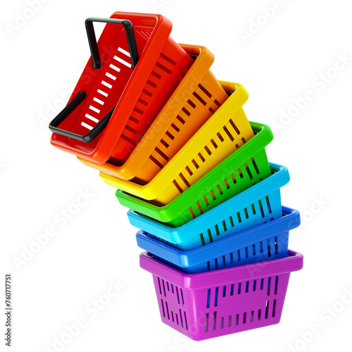Stack of cute, multicolored plastic shopping or grocery baskets from supermarket, 3d render, isolated on white background