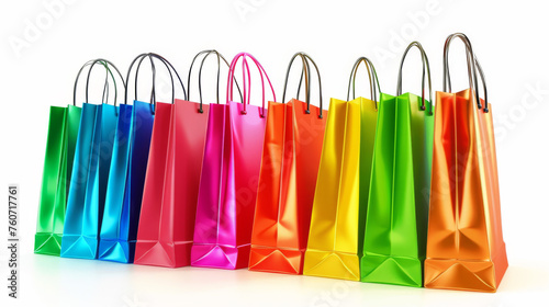 A lineup of brightly colored shopping bags with cord handles stands against a white background, representing a variety of purchases or gifts.