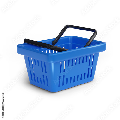 Stack of cute, blue plastic shopping or grocery baskets from supermarket, 3d render with shadow, isolated on white background