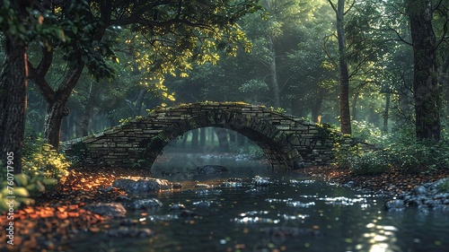 Twilight descends on an old stone bridge over a quiet stream