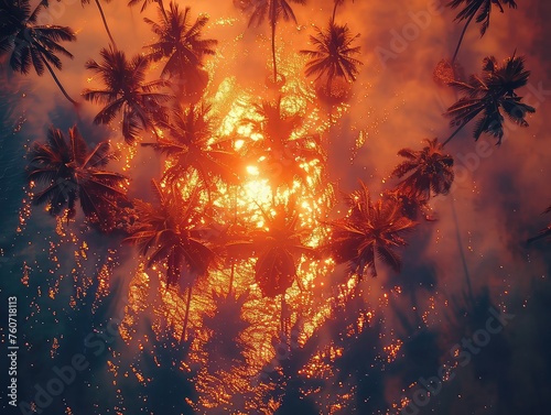 Aerial view of a Fiery skies, silhouetted palm trees, golden hour reflections. 