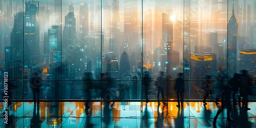 City skyline with blurred figures in a bustling urban office environment. Concept Cityscape, Urban Life, Office Vibes, Skyscraper Silhouette, Busy City Street