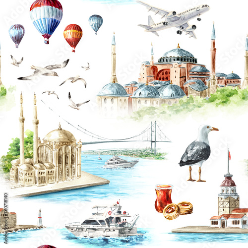 Travel to Istanbul Seamless pattern, Hand  drawn watercolor illustration isolated on white background © dariaustiugova