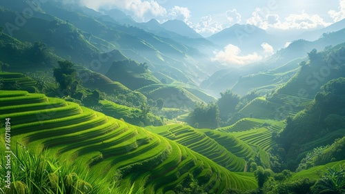 Sunlit terraces of rice fields in lush greenery