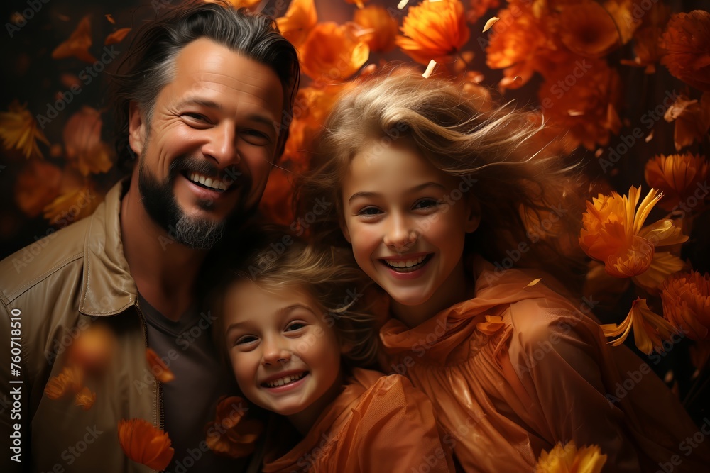 Happy family in autumnal setting with flowers Happy family in autumnal setting with flowers